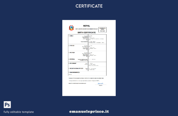certificato di nascita del Nepal in stile verificato modello Word e PDF